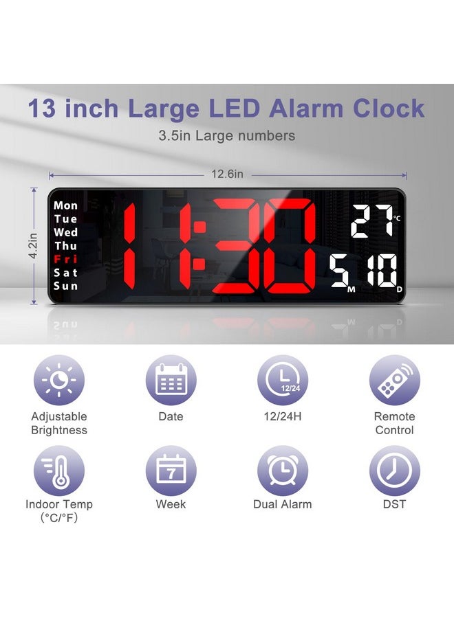 Digital Wall Clock, 13” Large Display Led Clock With Remote Control, Digital Clock For Living Room Decor With Temperature, Date, Auto Dst, 12/24Hour, Auto/Custom Brightness, Timer