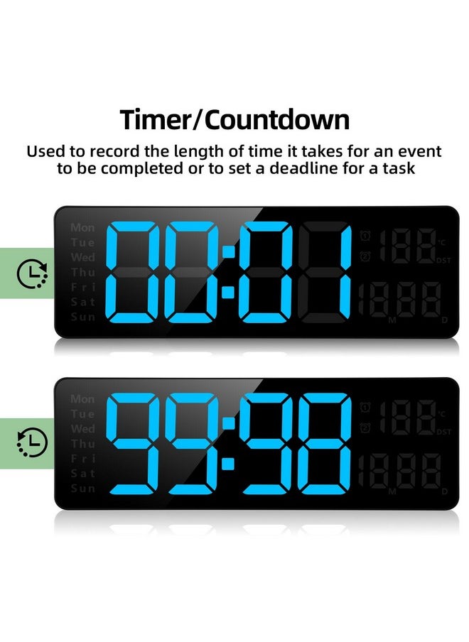 Digital Wall Clocks, Wall Clock With Day And Date, Modern Wall Clocks For Living Room, Silent Wall Clocks For Bedrooms With Remote Control (Blue, 13