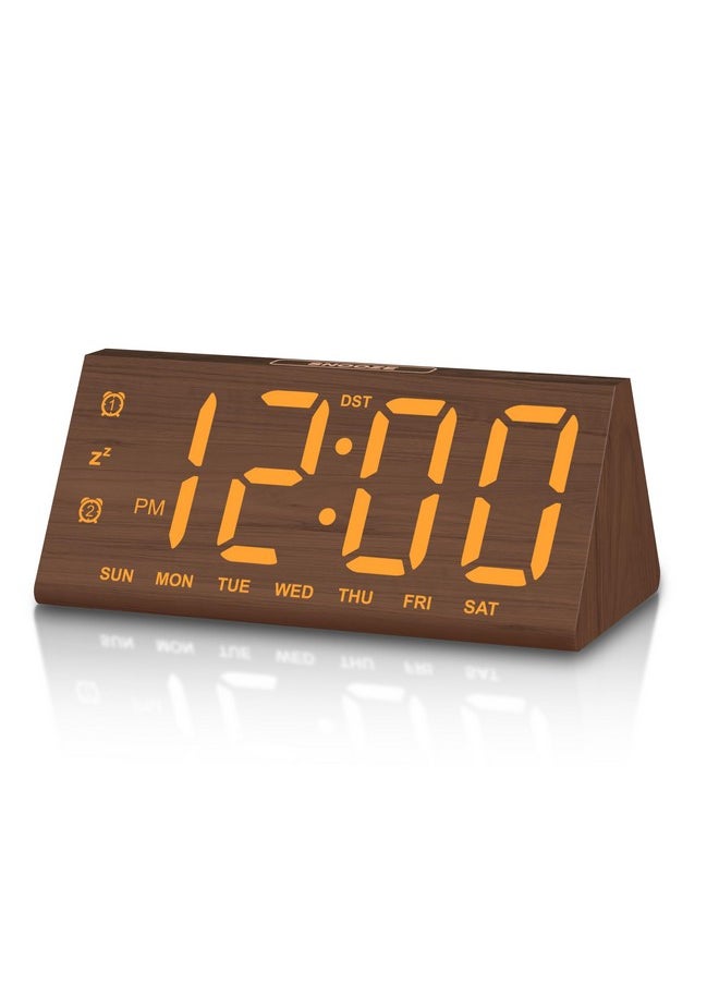 Wooden Digital Alarm Clocks For Bedrooms, Large Bold Digits Electric Desk Clock, With Dual Alarm, Usb Port, Dst, Auto Dimmer For Wood Decor, Bedside, Gift (Brown)