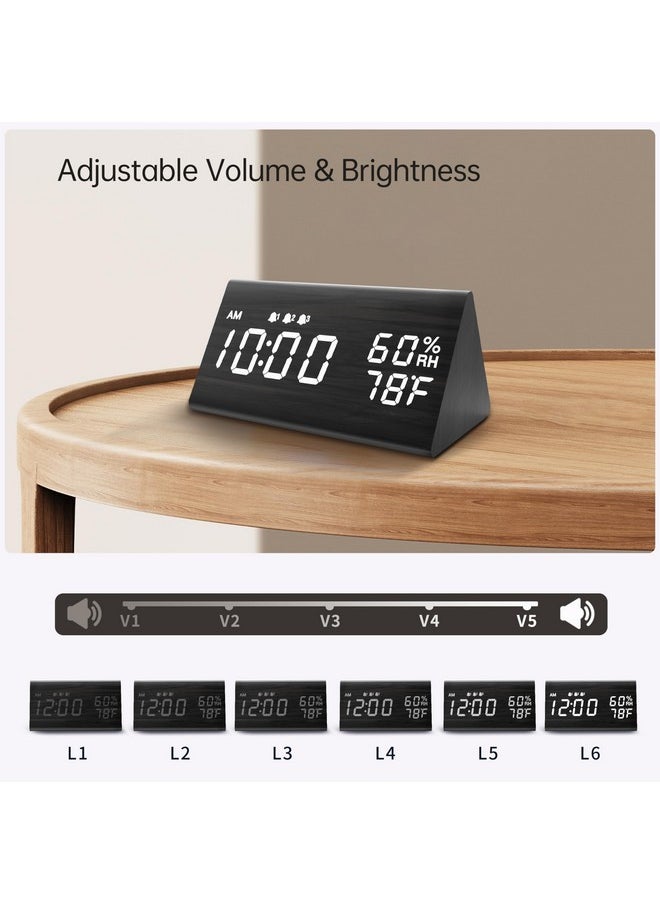 Digital Alarm Clock, With Wooden Electronic Led Time Display, 3 Alarm Settings, Humidity & Temperature Detect, Wood Made Electric Clocks For Bedroom, Bedside (Black)