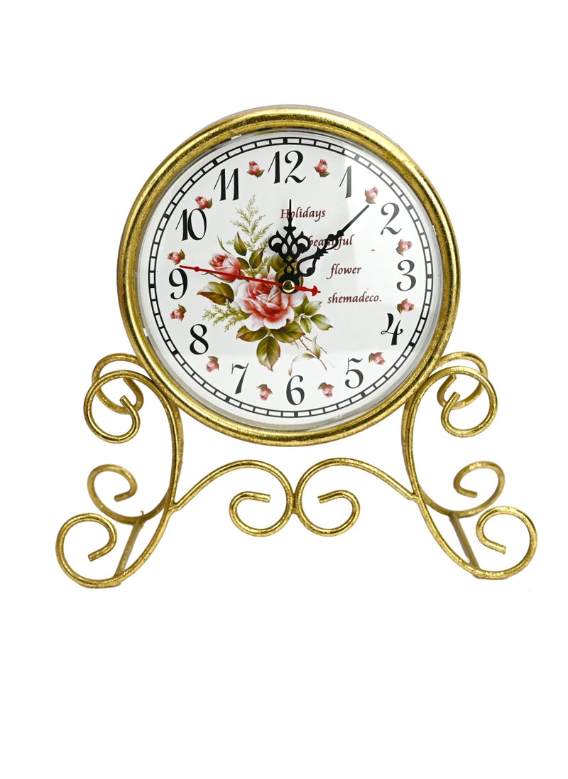 Table Clocks, Non-Ticking Retro Art Desk Clock for Living Room Bedroom Office, Floral Motifs Clocks for Girls Rooms, Boys Rooms, Clock for Gifting To Friends & Families