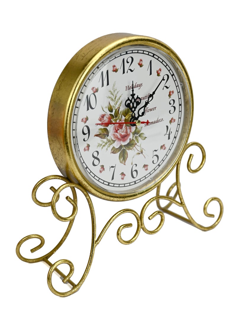 Table Clocks, Non-Ticking Retro Art Desk Clock for Living Room Bedroom Office, Floral Motifs Clocks for Girls Rooms, Boys Rooms, Clock for Gifting To Friends & Families