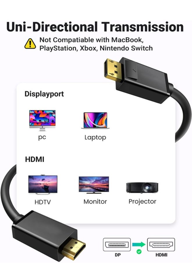 4K DisplayPort to HDMI Cable Adapter 3M, DP to HDMI Male Video UHD 4K@30Hz/2K@60/1080P@120 DP to HDTV Uni-Directional Cord for Dell, Projector, Desktop, AMD, NVIDIA, Lenovo, HP, ThinkPad etc