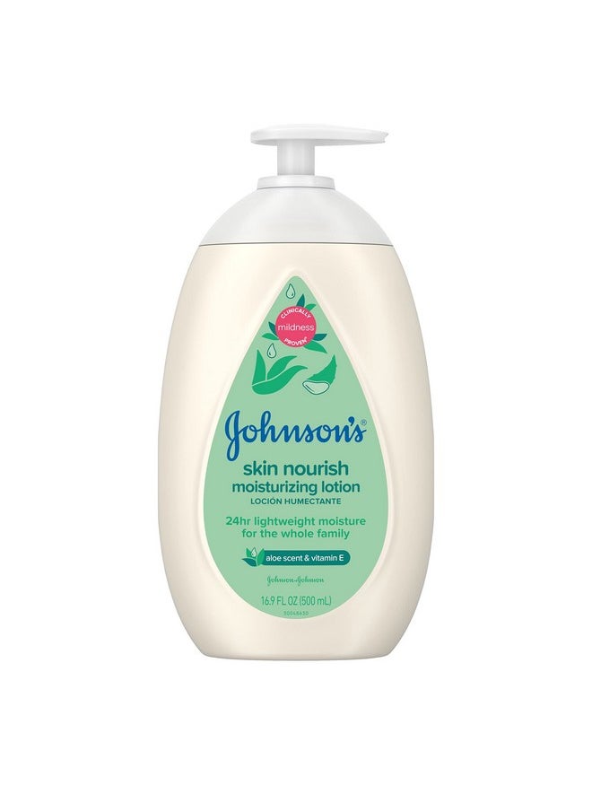 Johnson'S Skin Nourish Moisturizing Baby Lotion With Aloe Vera Scent & Vitamin E, Gentle & Lightweight Body Lotion For The Whole Family, Hypoallergenic, Dye-Free, 16.9 Fl. Oz