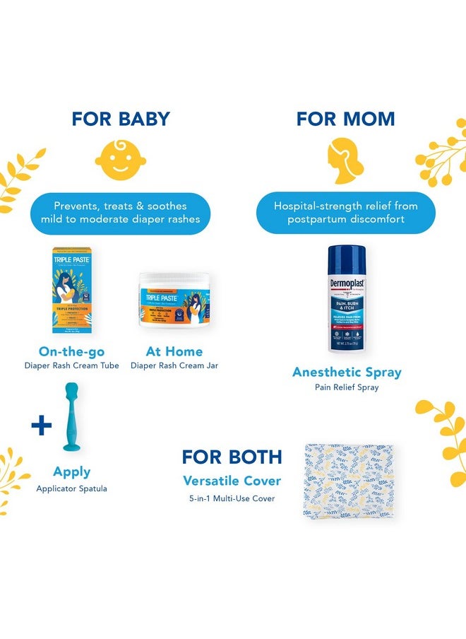 Mom & Baby Early Essentials Gift Set With 5 Items - Diaper Rash Ointment 8Oz Jar & 2Oz Tube, Spatula Applicator, Dermoplast Spray, And Multi-Use Cover - Baby Shower Gifts For New Mom