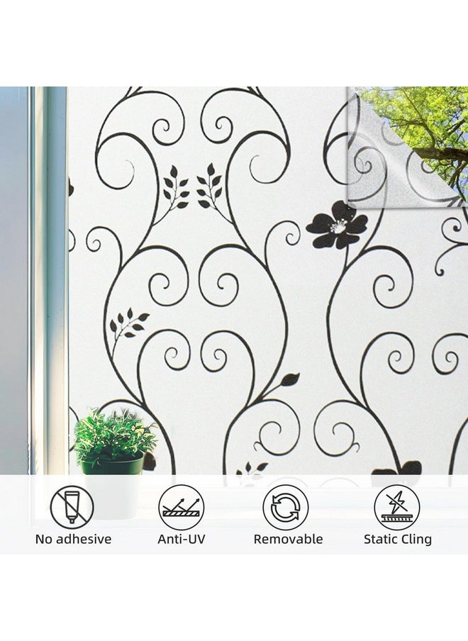 Window Film Privacy Window Film Frosted Glass Film Static Cling Glass Film No Glue Anti-Uv Window Sticker For Bathroom Bedroom Living Room (Black Flower-Dp014B, 17.4In. X 78.7In.)