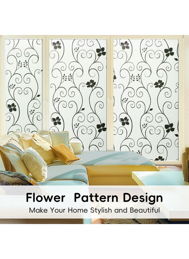 Window Film Privacy Window Film Frosted Glass Film Static Cling Glass Film No Glue Anti-Uv Window Sticker For Bathroom Bedroom Living Room (Black Flower-Dp014B, 17.4In. X 78.7In.)