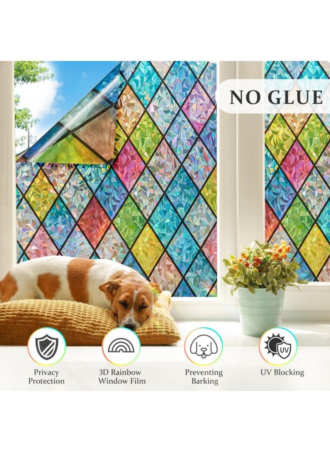 Window Privacy Film Stained Glass Window Clings 3D Rainbow Film For Glass Door Decorative Colorful Lattice Stickers Static Cling Sun Blocking Window Coverings For Home, 17.5 X 78.7 Inch