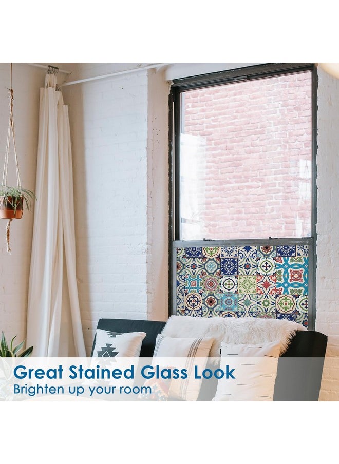 Talavera Style Stained Glass Window Film With Installation Tools, Static Cling Non-Adhesive Frosted Film Double-Sided Same Color (E, 17.7