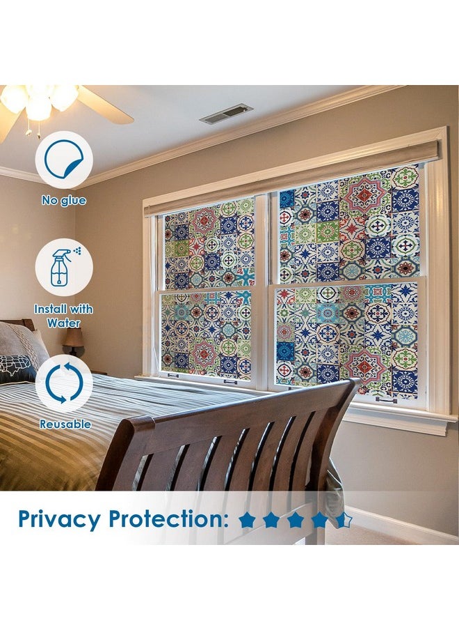 Talavera Style Stained Glass Window Film With Installation Tools, Static Cling Non-Adhesive Frosted Film Double-Sided Same Color (E, 17.7