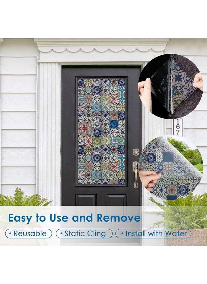 Talavera Style Stained Glass Window Film With Installation Tools, Static Cling Non-Adhesive Frosted Film Double-Sided Same Color (E, 17.7
