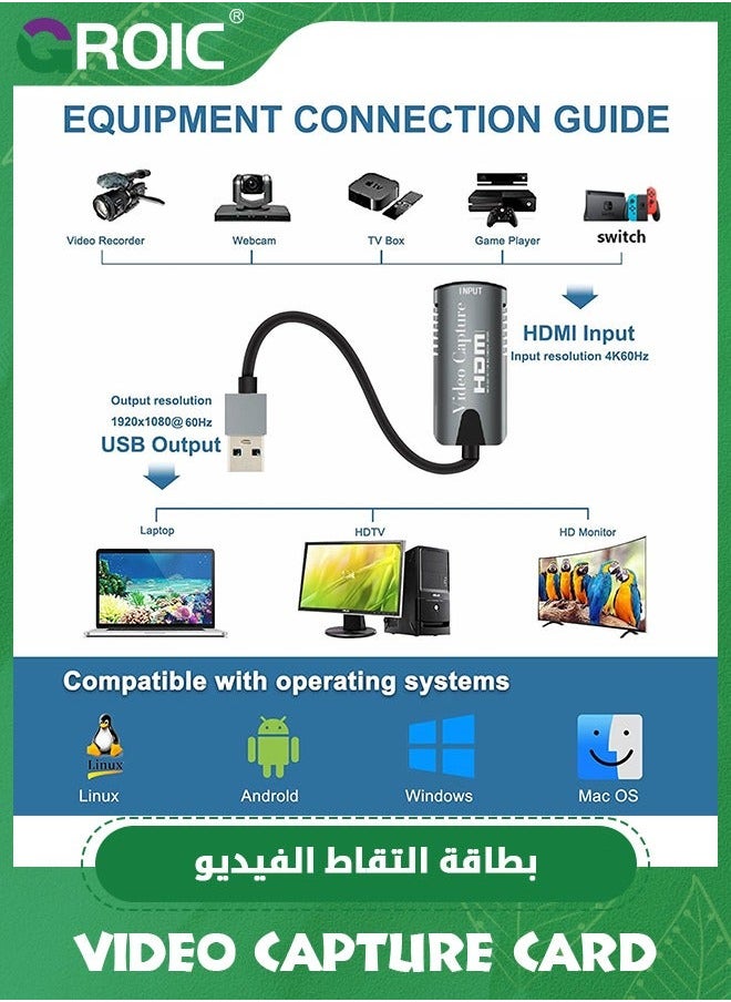 Video Capture Card, HDMI to USB C 1080p Type Game for Editing Video/Games/Streaming/Online Teaching