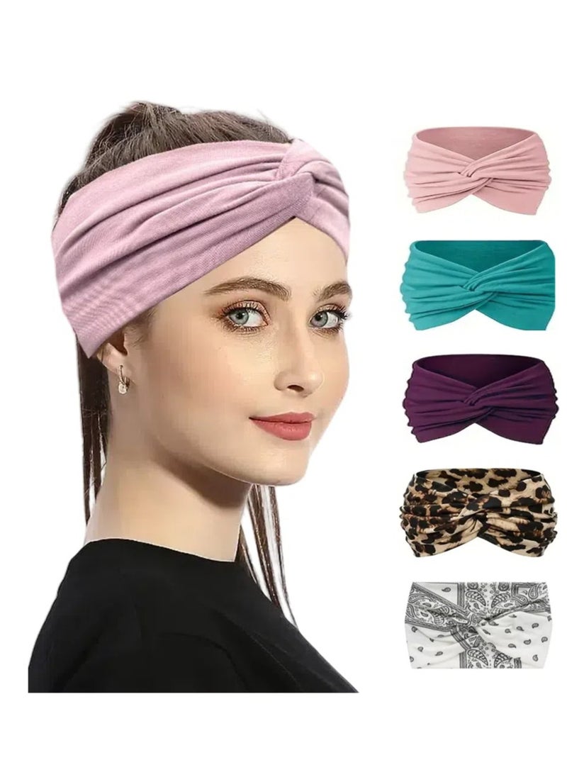 Head Bands 5PCs for Women，Comfortable and Breathable Stylish Sweat Absorbing Anti Slip Elastic Hair Bands Perfect for Home and Sports