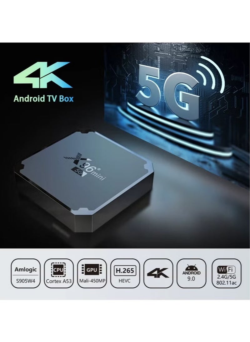 X96 Mini 5G Android TV Box – Android 9.0, Amlogic S905W4 Quad-Core, 2GB RAM + 16GB ROM, Dual WiFi 2.4G/5G, 4K UHD Media Player, H.265 10-Bit Decoding, USB 2.0 – Smart Streaming Device