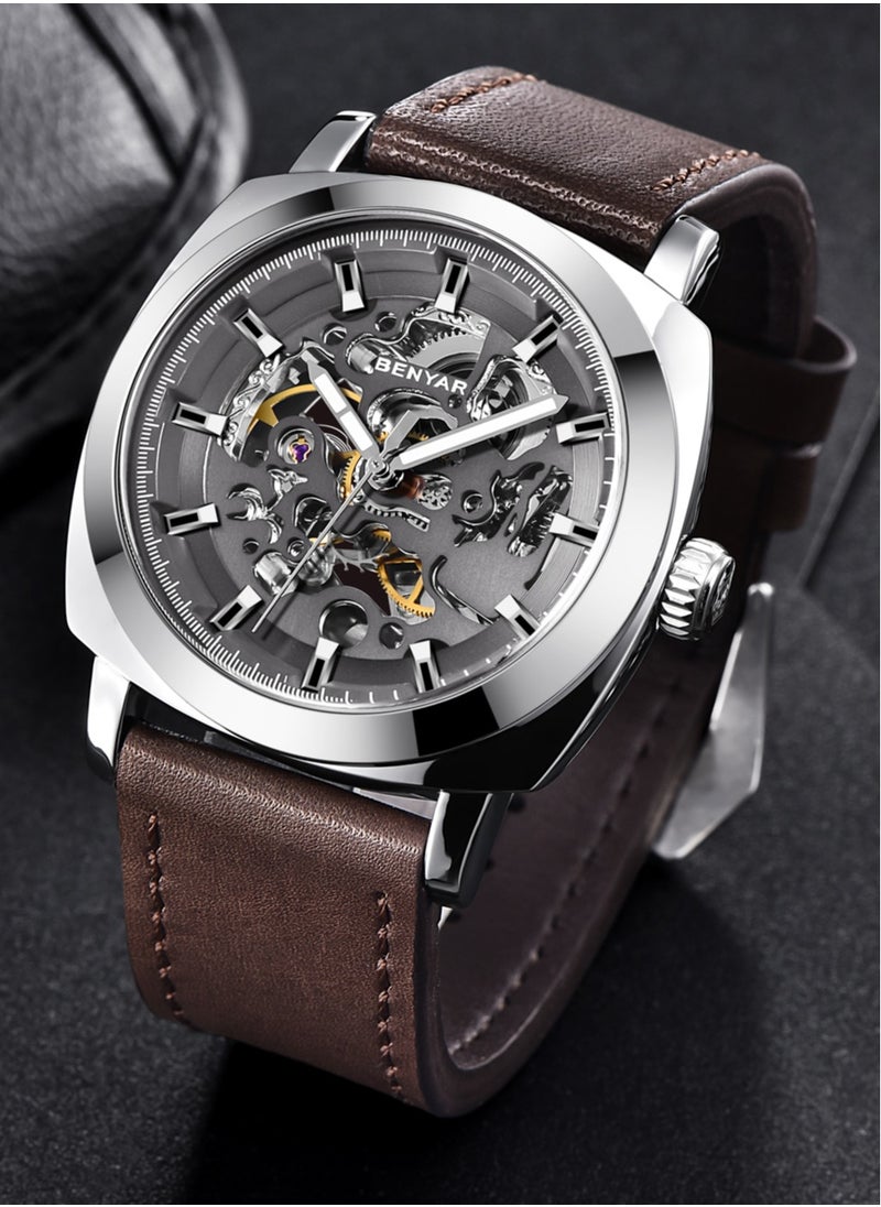 Men's Luxury Analog Mechanical Automatic Watches, Waterproof Mechanical Skeleton, Brown Leather Strap Fashion Business Luxury BY5121