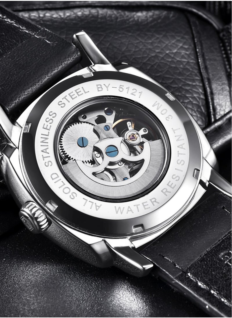 Men's Luxury Analog Mechanical Automatic Watches, Waterproof Mechanical Skeleton, Brown Leather Strap Fashion Business Luxury BY5121