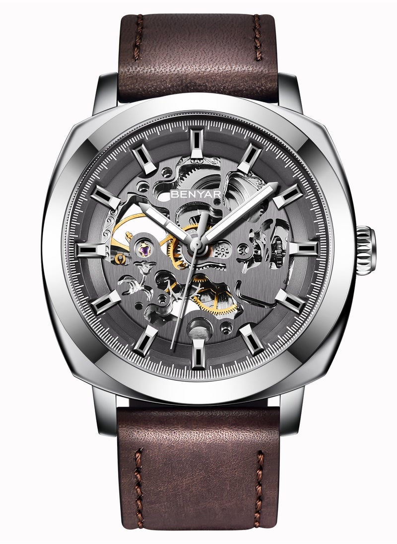 Men's Luxury Analog Mechanical Automatic Watches, Waterproof Mechanical Skeleton, Brown Leather Strap Fashion Business Luxury BY5121