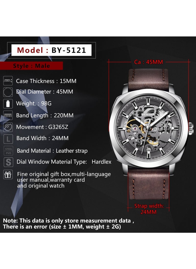 Men's Luxury Analog Mechanical Automatic Watches, Waterproof Mechanical Skeleton, Brown Leather Strap Fashion Business Luxury BY5121