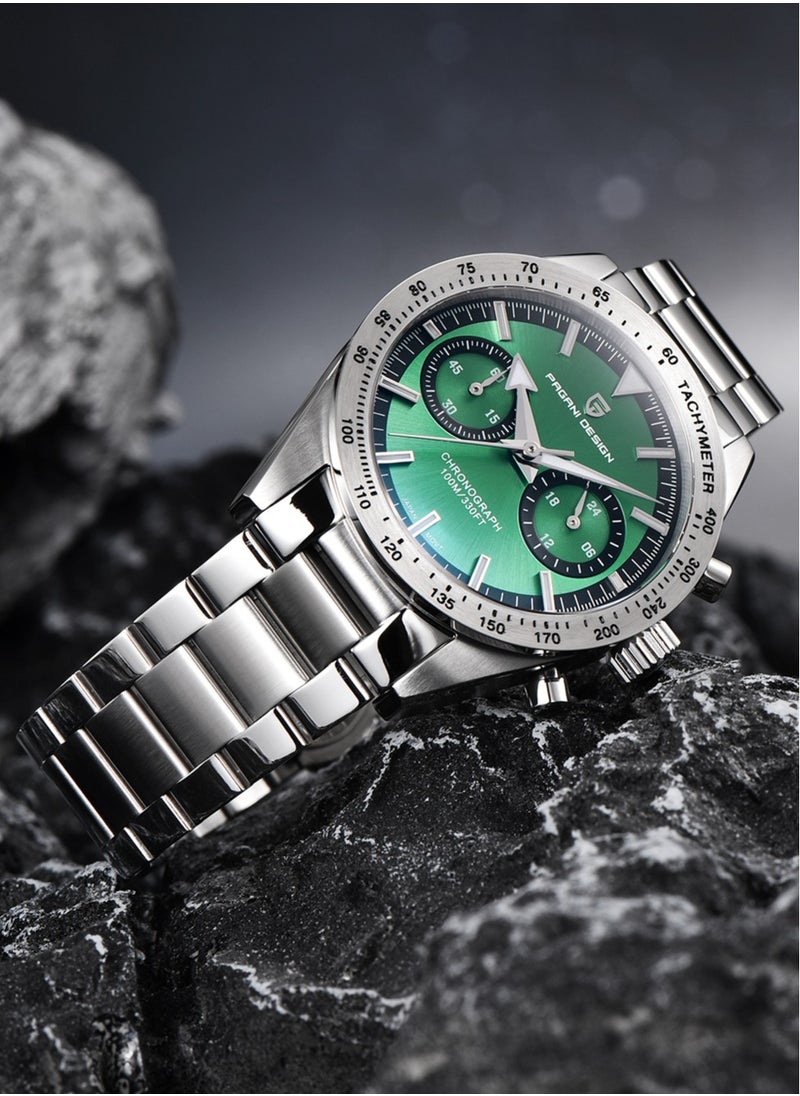 Men's Luxury Chronograph Quartz Watches, Stainless Steel 40MM Case, VK64 Quartz Movement, Sports Waterproof, Stainless Steel Strap, Dark Green Dial Fashion Casual PD1766