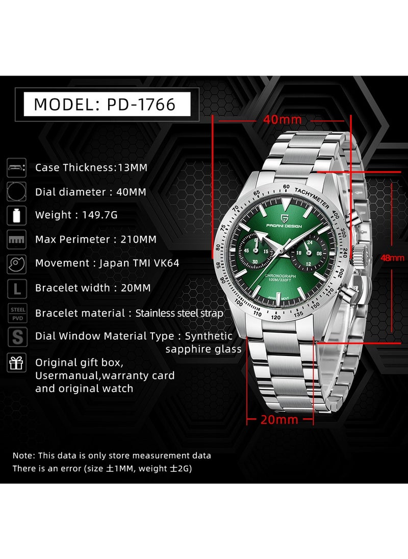 Men's Luxury Chronograph Quartz Watches, Stainless Steel 40MM Case, VK64 Quartz Movement, Sports Waterproof, Stainless Steel Strap, Dark Green Dial Fashion Casual PD1766