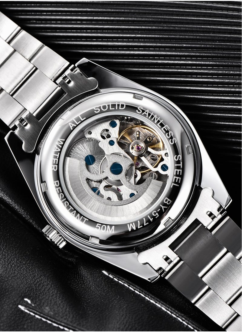 Men's Fashion Mechanical Automatic Watches, 41MM Stainless Steel Waterproof Frame, Luminous Hands, White Dial, Silver Fashion Steel Belt Elegant Luxury Analog Watch BY5177