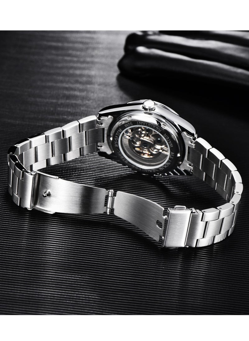 Men's Fashion Mechanical Automatic Watches, 41MM Stainless Steel Waterproof Frame, Luminous Hands, White Dial, Silver Fashion Steel Belt Elegant Luxury Analog Watch BY5177