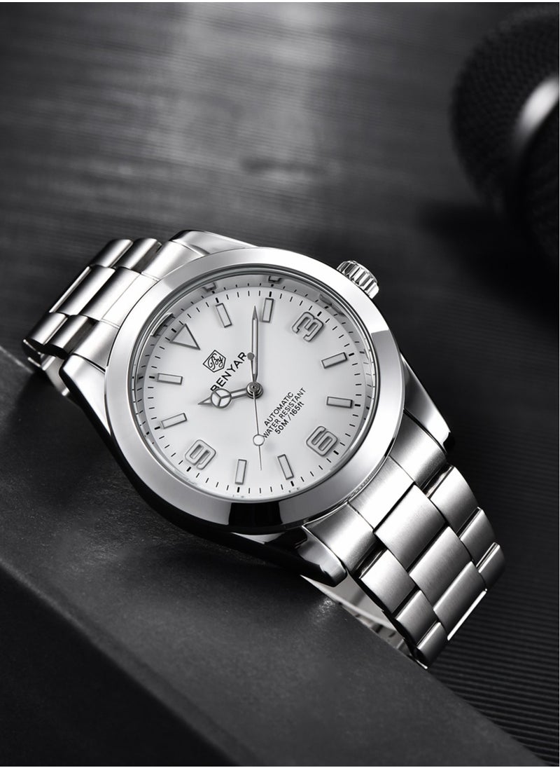 Men's Fashion Mechanical Automatic Watches, 41MM Stainless Steel Waterproof Frame, Luminous Hands, White Dial, Silver Fashion Steel Belt Elegant Luxury Analog Watch BY5177