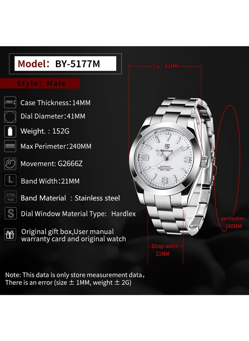 Men's Fashion Mechanical Automatic Watches, 41MM Stainless Steel Waterproof Frame, Luminous Hands, White Dial, Silver Fashion Steel Belt Elegant Luxury Analog Watch BY5177