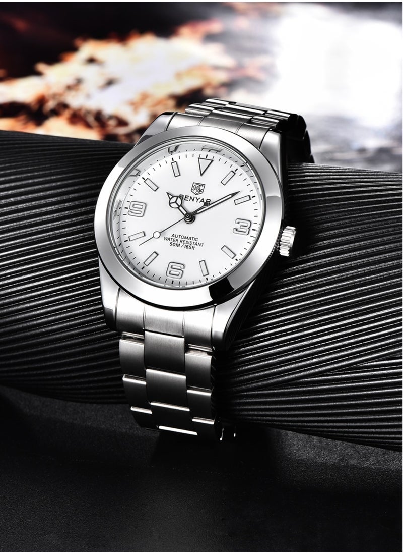 Men's Fashion Mechanical Automatic Watches, 41MM Stainless Steel Waterproof Frame, Luminous Hands, White Dial, Silver Fashion Steel Belt Elegant Luxury Analog Watch BY5177