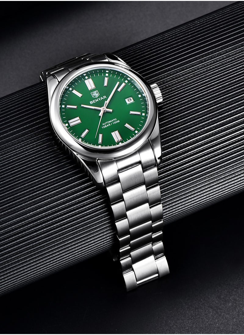 Men's Fashion Automatic Mechanical Watches, 39MM Stainless Steel Waterproof Frame, Silver Green Dial, Luxurious Elegant, Silver Steel Band BY5185