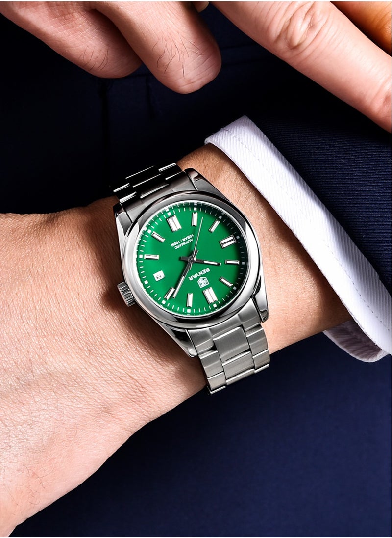 Men's Fashion Automatic Mechanical Watches, 39MM Stainless Steel Waterproof Frame, Silver Green Dial, Luxurious Elegant, Silver Steel Band BY5185