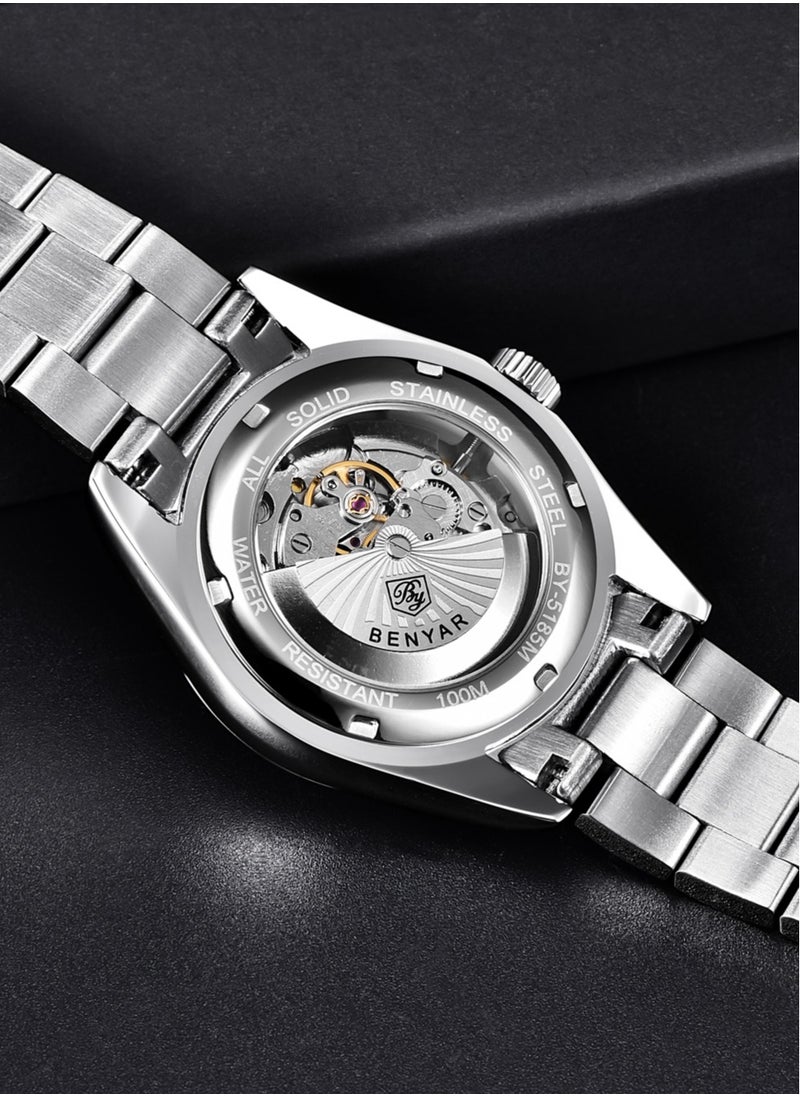 Men's Fashion Automatic Mechanical Watches, 39MM Stainless Steel Waterproof Frame, Silver Black Dial, Luxurious Elegant, Silver Steel Band BY5185