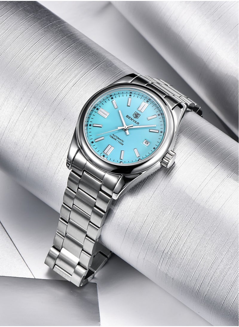 Men's Fashion Automatic Mechanical Watches, 39MM Stainless Steel Waterproof Frame, Silver Blue Dial, Luxurious Elegant, Silver Steel Band BY5185