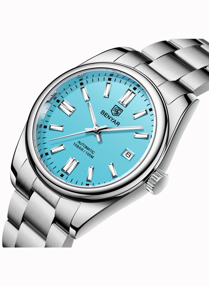 Men's Fashion Automatic Mechanical Watches, 39MM Stainless Steel Waterproof Frame, Silver Blue Dial, Luxurious Elegant, Silver Steel Band BY5185