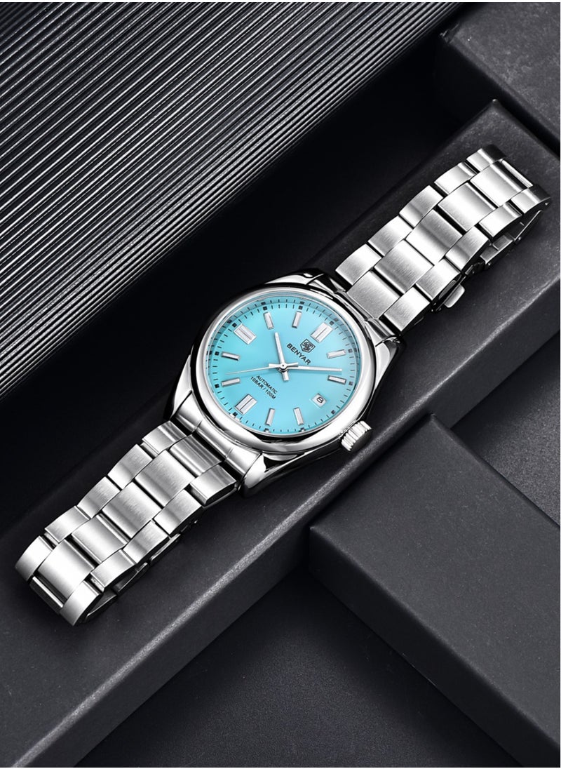 Men's Fashion Automatic Mechanical Watches, 39MM Stainless Steel Waterproof Frame, Silver Blue Dial, Luxurious Elegant, Silver Steel Band BY5185