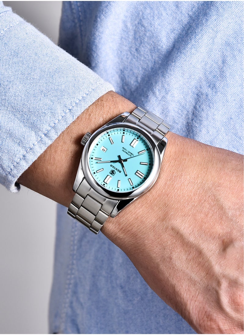 Men's Fashion Automatic Mechanical Watches, 39MM Stainless Steel Waterproof Frame, Silver Blue Dial, Luxurious Elegant, Silver Steel Band BY5185