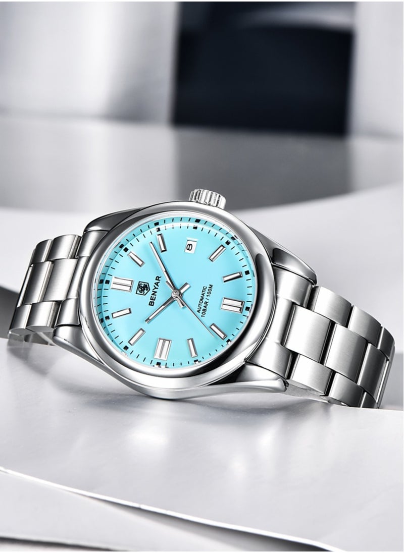 Men's Fashion Automatic Mechanical Watches, 39MM Stainless Steel Waterproof Frame, Silver Blue Dial, Luxurious Elegant, Silver Steel Band BY5185