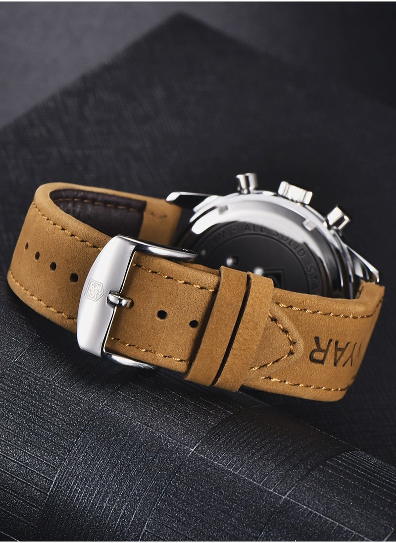 Men's Quartz Chronograph Watches Metal Waterproof Frame Date Display Luminous Pointer Leather Strap BY5188