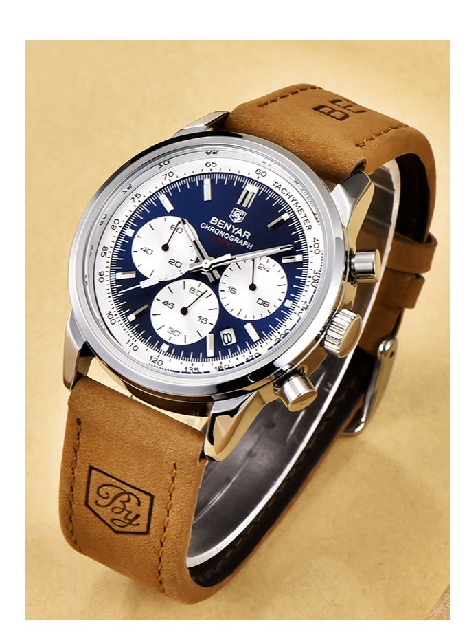 Men's Quartz Chronograph Watches Metal Waterproof Frame Date Display Luminous Pointer Leather Strap BY5188