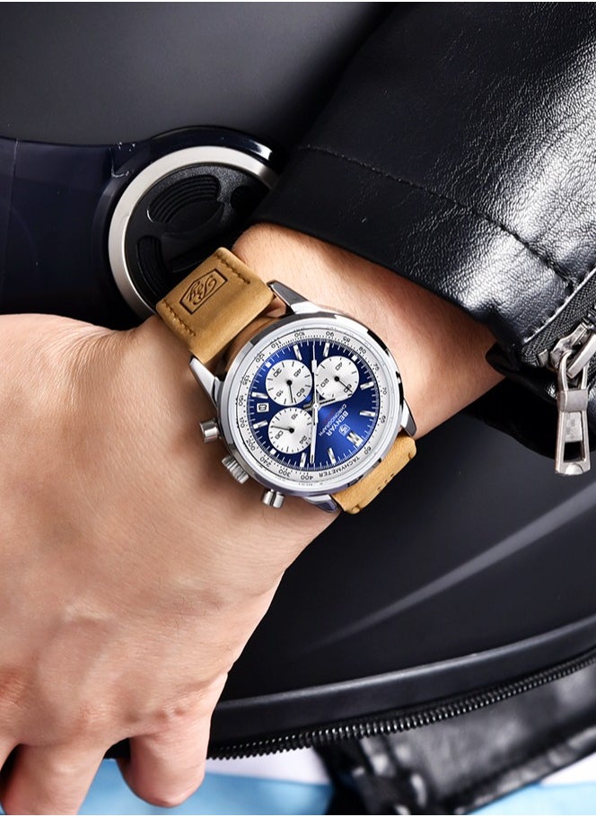 Men's Quartz Chronograph Watches Metal Waterproof Frame Date Display Luminous Pointer Leather Strap BY5188