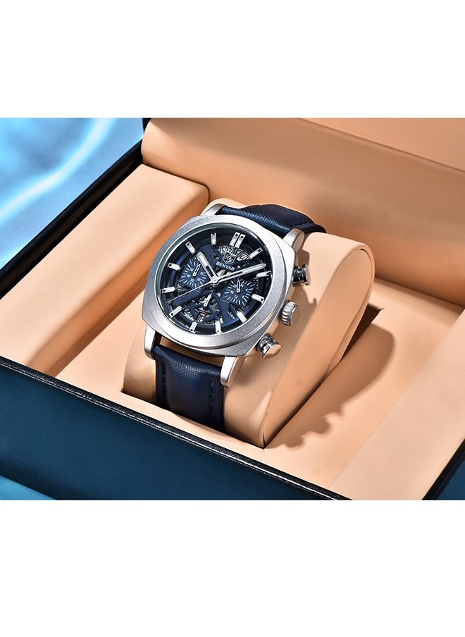 Men's Exquisite Quartz Watches, 43MM Stainless Steel Black Waterproof Frame, Luminous Hands, Date Display, Chronograph, Silver Blue Dial, Blue Leather Strap BY-5205