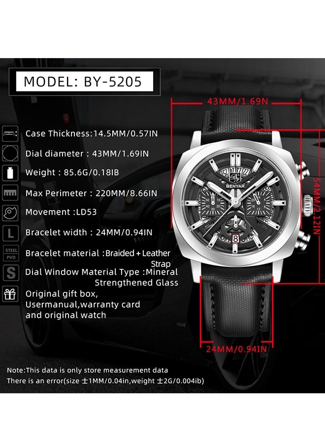 Men's Exquisite Quartz Watches, 43MM Stainless Steel Black Waterproof Frame, Luminous Hands, Date Display, Chronograph, Silver Black Dial, Black Leather Strap BY-5205