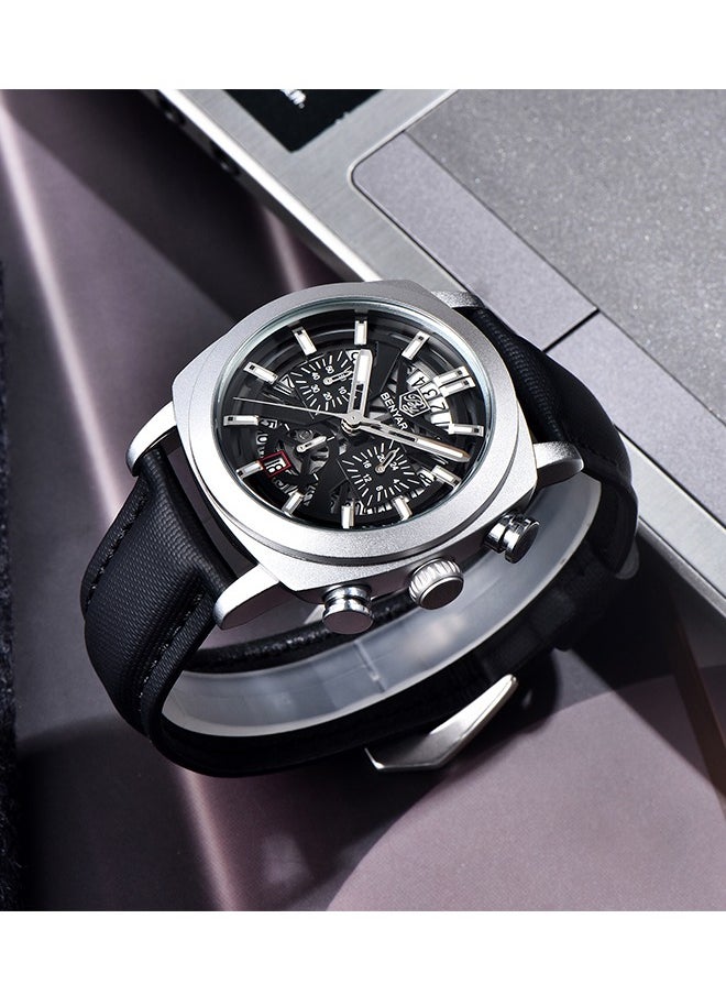 Men's Exquisite Quartz Watches, 43MM Stainless Steel Black Waterproof Frame, Luminous Hands, Date Display, Chronograph, Silver Black Dial, Black Leather Strap BY-5205