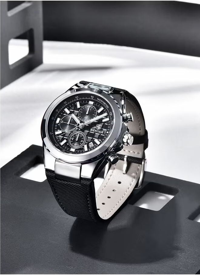 Men's Quartz Leather Strap Sports Chronograph Watch Men's Automatic Date Daily Waterproof, BY-5206 Silver Black