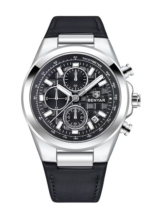 Men's Quartz Leather Strap Sports Chronograph Watch Men's Automatic Date Daily Waterproof, BY-5206 Silver Black