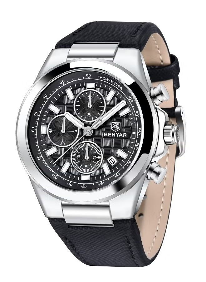 Men's Quartz Leather Strap Sports Chronograph Watch Men's Automatic Date Daily Waterproof, BY-5206 Silver Black