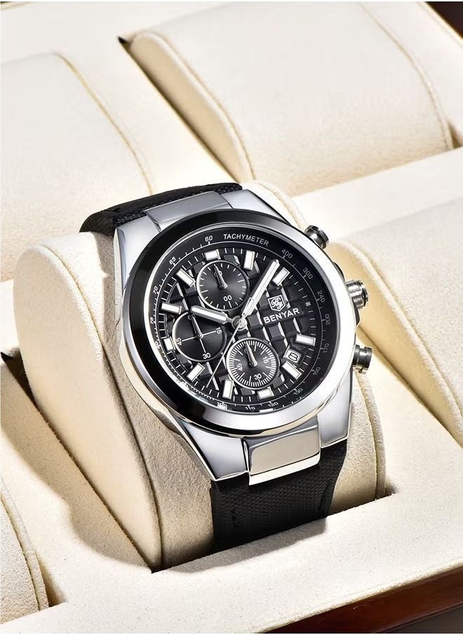 Men's Quartz Leather Strap Sports Chronograph Watch Men's Automatic Date Daily Waterproof, BY-5206 Silver Black