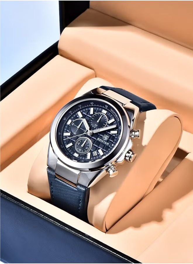 Men's Quartz Leather Strap Sports Chronograph Watch Men's Automatic Date Daily Waterproof, BY-5206 Silver Blue