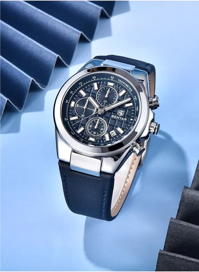 Men's Quartz Leather Strap Sports Chronograph Watch Men's Automatic Date Daily Waterproof, BY-5206 Silver Blue