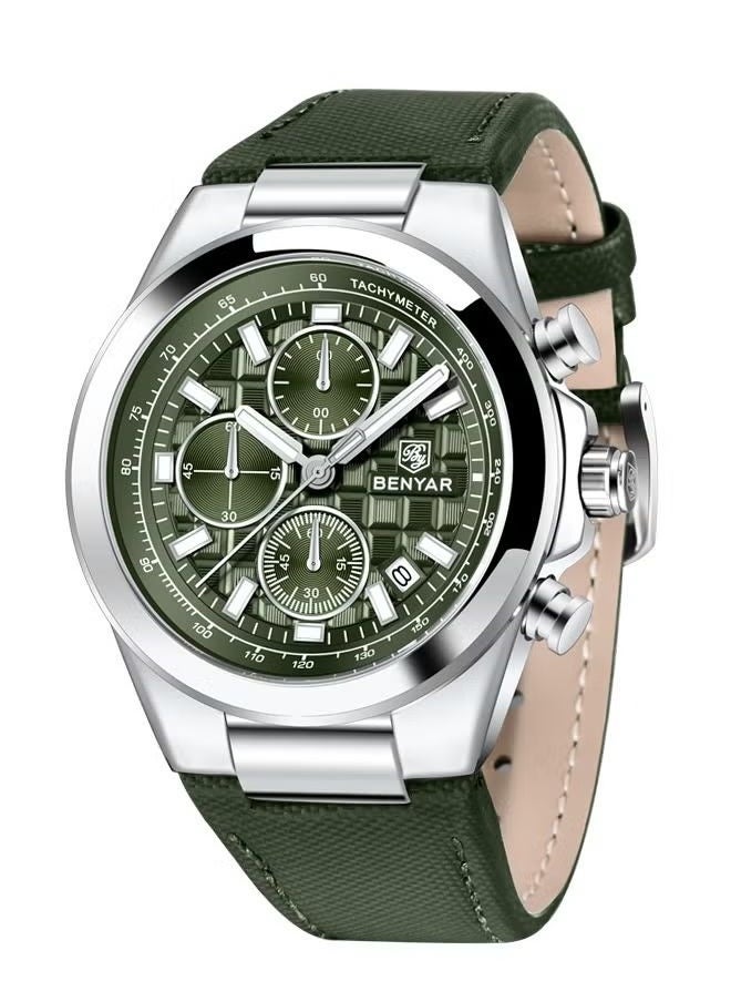 Men's Quartz Leather Strap Sports Chronograph Watch Men's Automatic Date Daily Waterproof, BY-5206 Silver Green